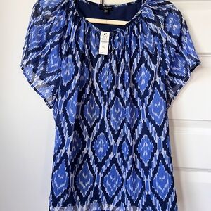 Talbots NWT Petite XL Blue Ikat Tie-Neck Blouse